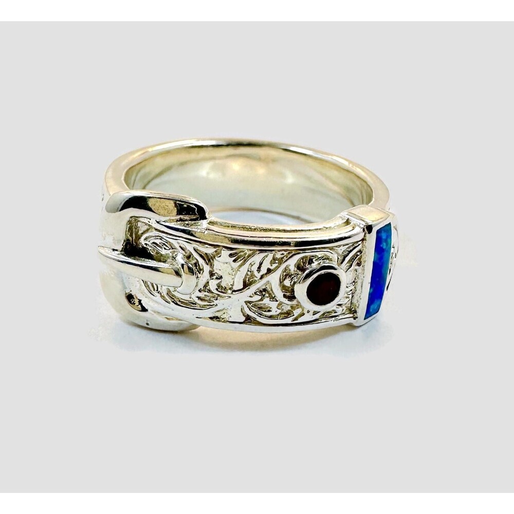 Buckle Ring, Opal, Sterling Silver, Garnet,  Size 7 1/4, Ring Band